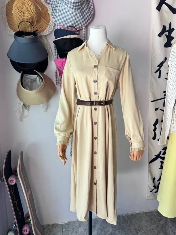 法式高级感V领长袖衬衫连衣裙收腰显瘦气质长裙