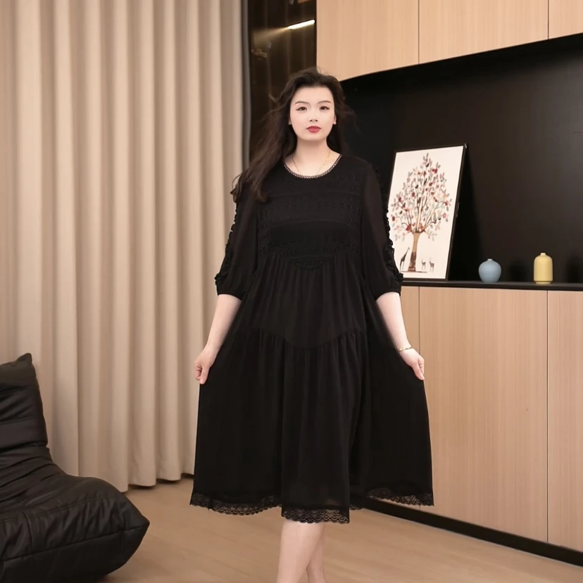胖依依大码女装新款时尚洋气百搭显瘦遮肉遮肚子加宽连衣裙250681