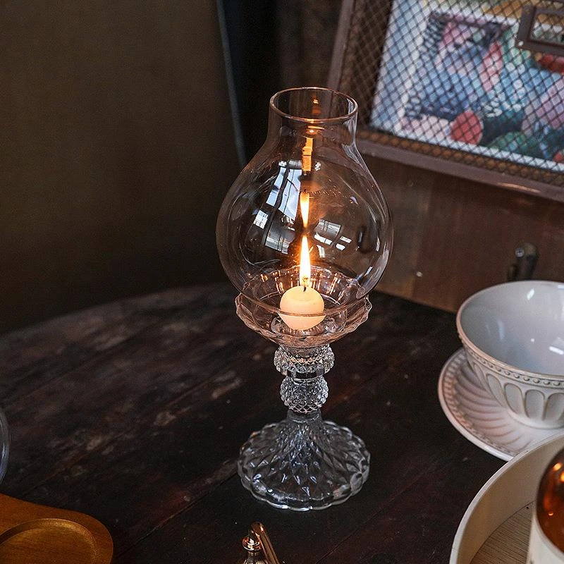 复古防风玻璃灯罩禅意蜡烛台座中式家用香薰蜡光灯茶室装饰摆件