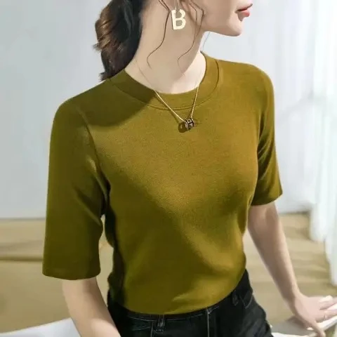 夏季韩版新款半袖T恤洋气女五分袖纯色内搭打底百搭修身显瘦上衣