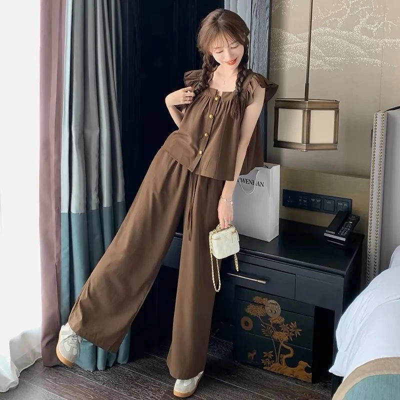 2025夏季韩版宽松小飞袖上衣+阔腿裤休闲减龄两件套