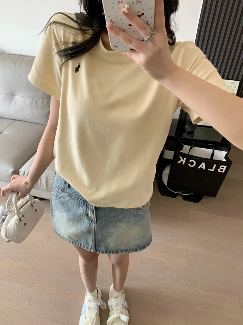 粉丝福利早春新款夏季韩版云朵棉小马刺绣短袖T恤百搭圆领上衣D1