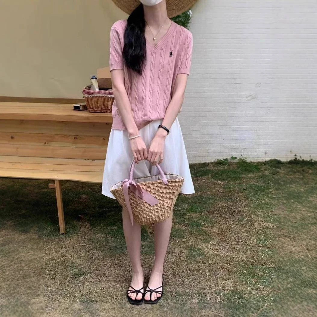 大码刺绣小马麻花短袖针织衫上衣夏季休闲圆领学院风绞花修身毛衣