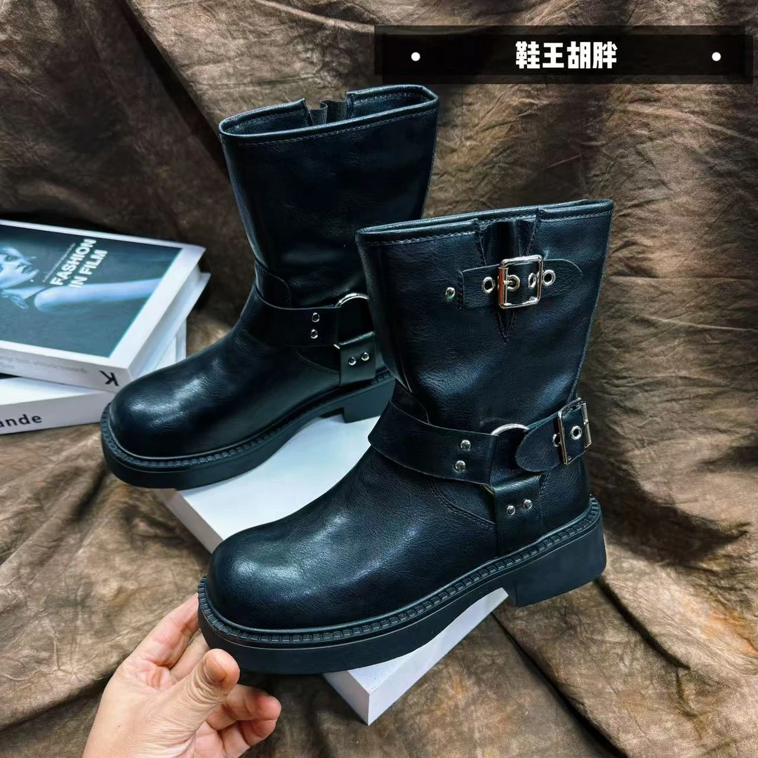 女鞋黑色加绒英伦风高帮秋冬冬季高筒厚底真皮L2086黑色