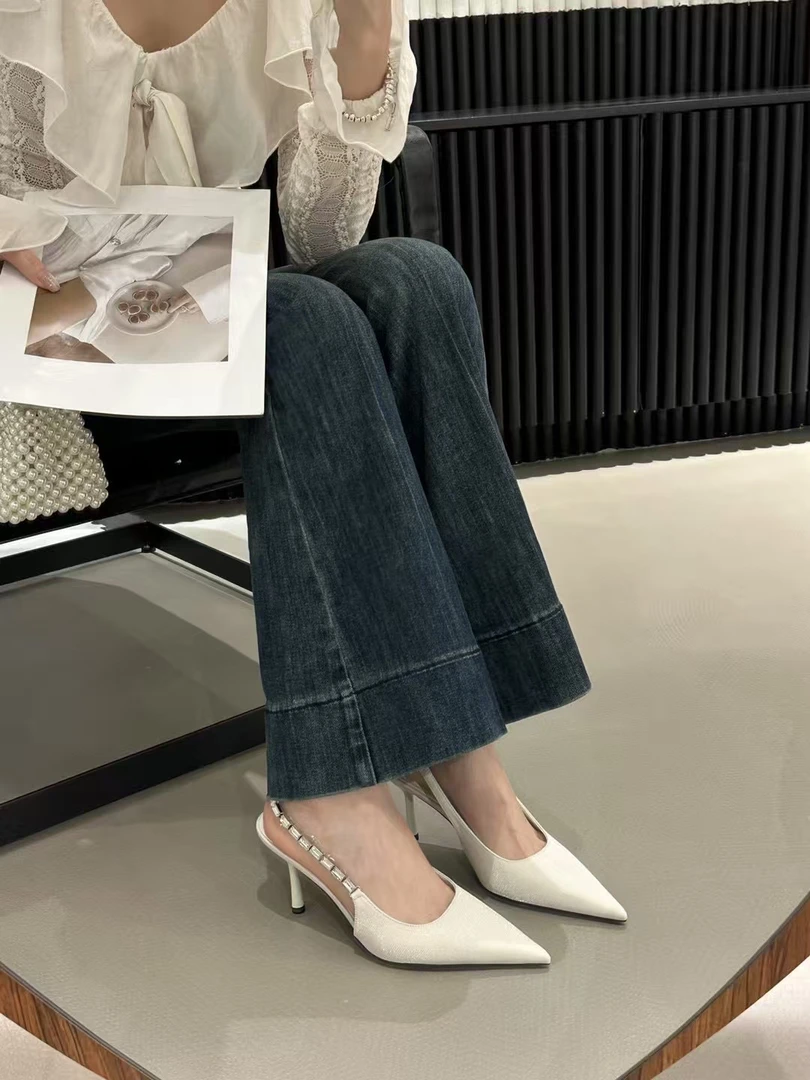 2025年春季新品高级尖头水钻细高跟鞋女春季后空浅口温柔夏天单鞋