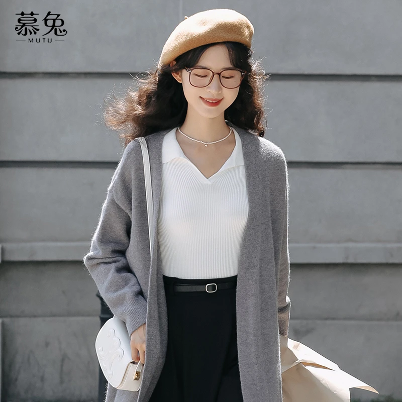 慕兔9月19号新品法式v领修身显瘦针织衫女