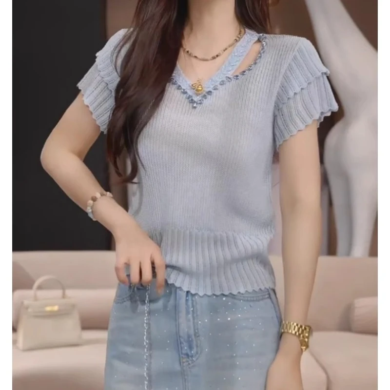 欧货高级感露锁骨短袖时尚潮女夏2025新款优雅气质显瘦超好看上衣