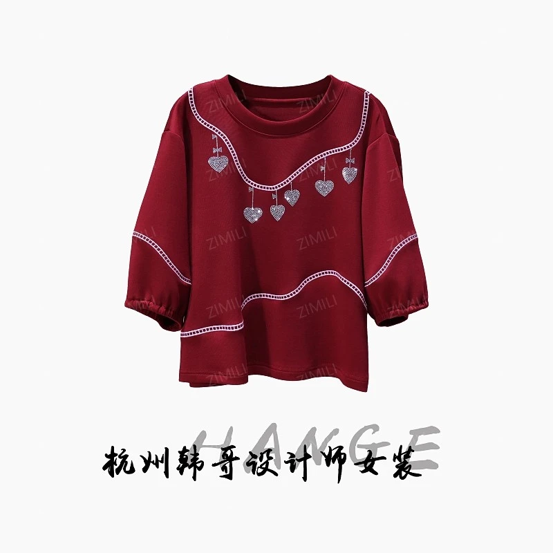 【韩哥女装】2025小众设计师系列安可拉红刺绣烫钻时尚休闲短袖8901