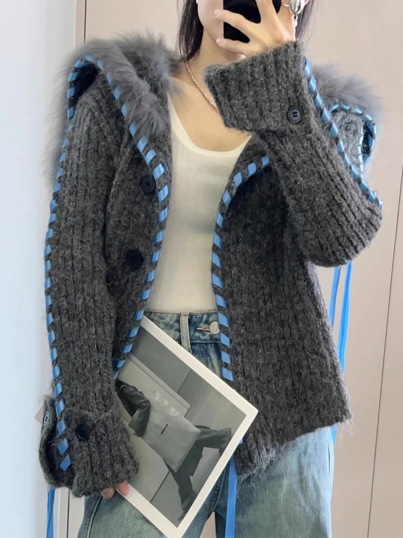 秋冬潮流慵懒风厚款狐狸毛针织衫毛衣女针织海军领网红气质时尚