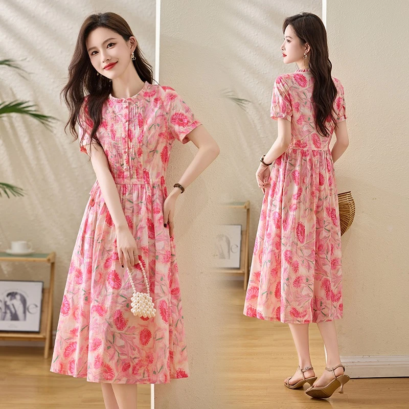 纯棉碎花连衣裙女夏天薄款法式收腰遮肚子显高显高小个子减龄裙子