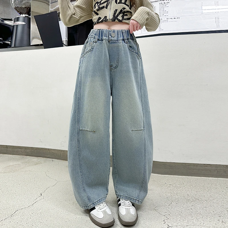女童春秋款牛仔裤新款中大童韩系宽松弯刀裤秋季儿童休闲阔腿裤子