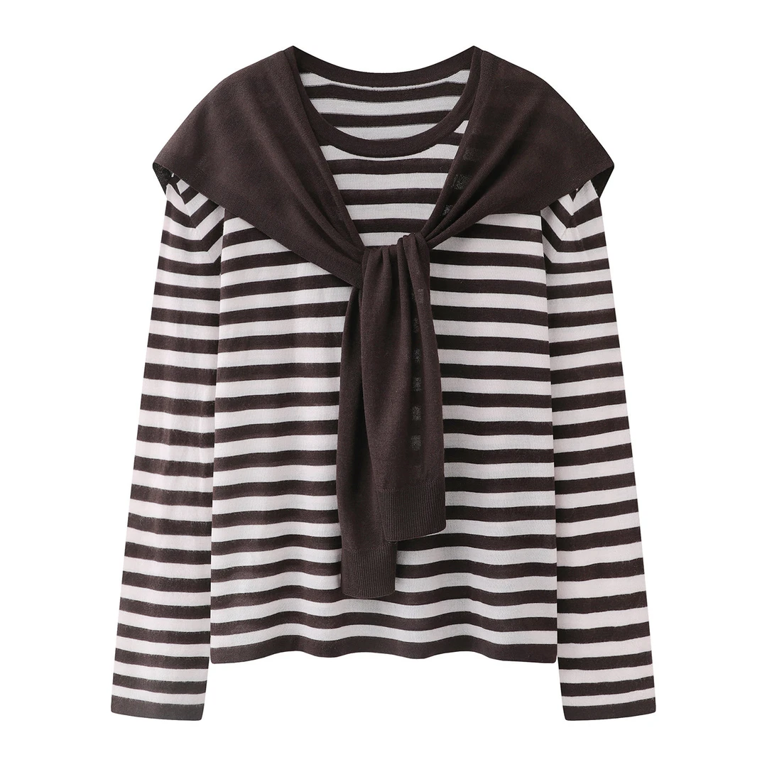 迪家条纹针织衫披肩两件套女2026春新款长袖打底衫休闲上衣267199