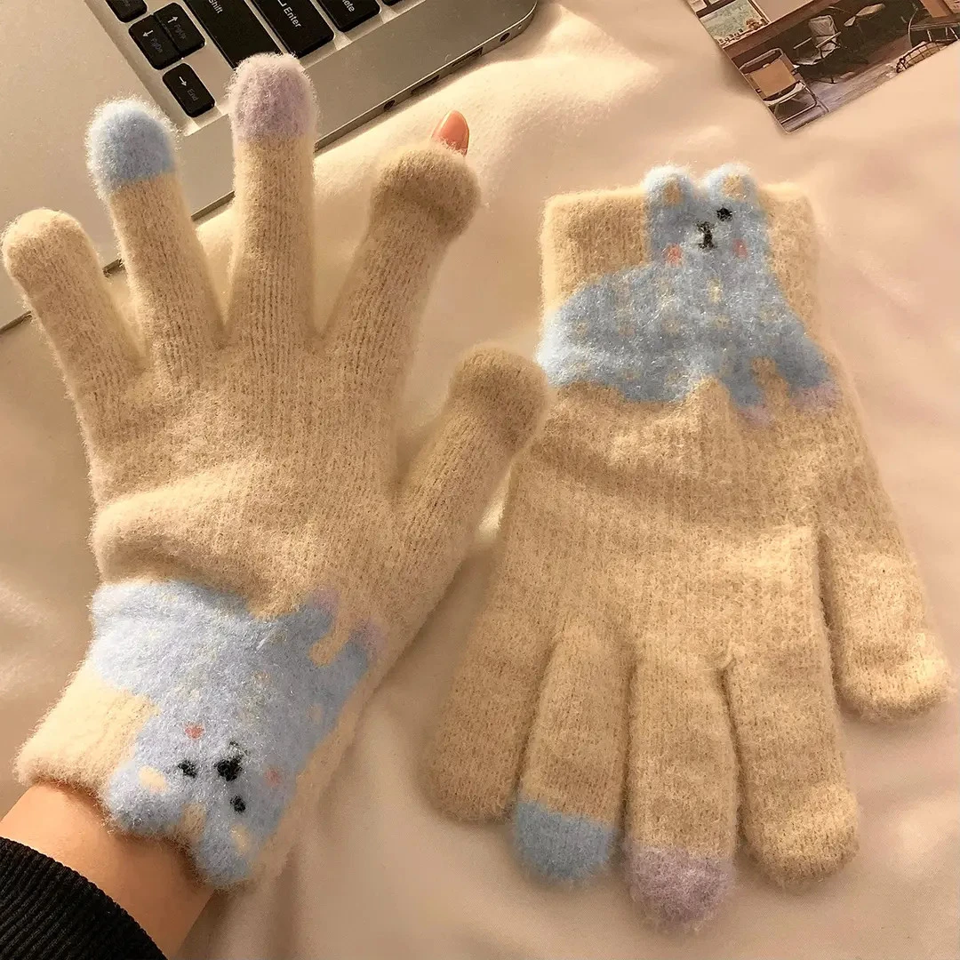 可爱腊肠狗露指触屏毛绒针织保暖手套女冬季学生加绒厚实防寒骑行