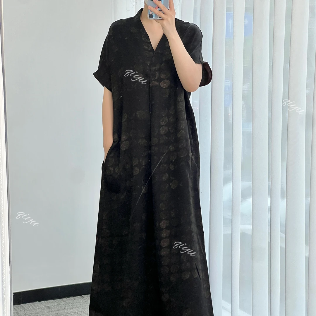 祈羽香云纱100桑蚕丝 日食v领连衣裙短袖花罗双穿袍子
