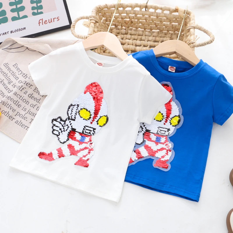 儿童纯棉短袖男童哪吒亮片变色卡通宽松休闲T恤学生百搭