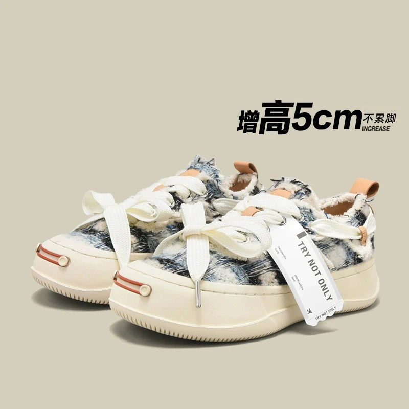 【关晓彤同款】星空夜蓝开口笑厚底帆布鞋女ins潮百搭情侣浪漫板鞋