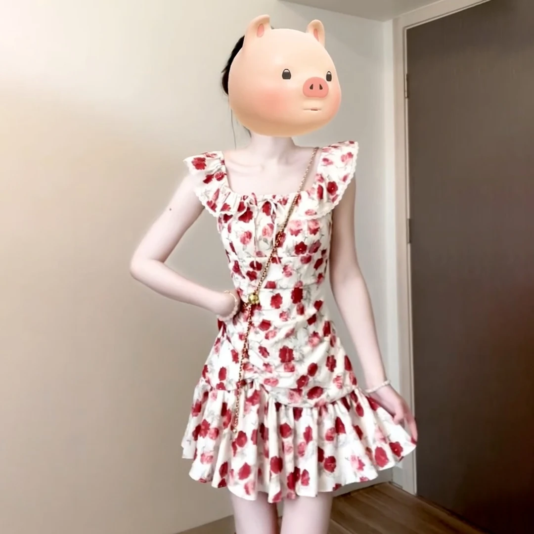 2025新款巨好看吊带碎花连衣裙子女夏季独特漂亮绝美掐腰裙小飞袖