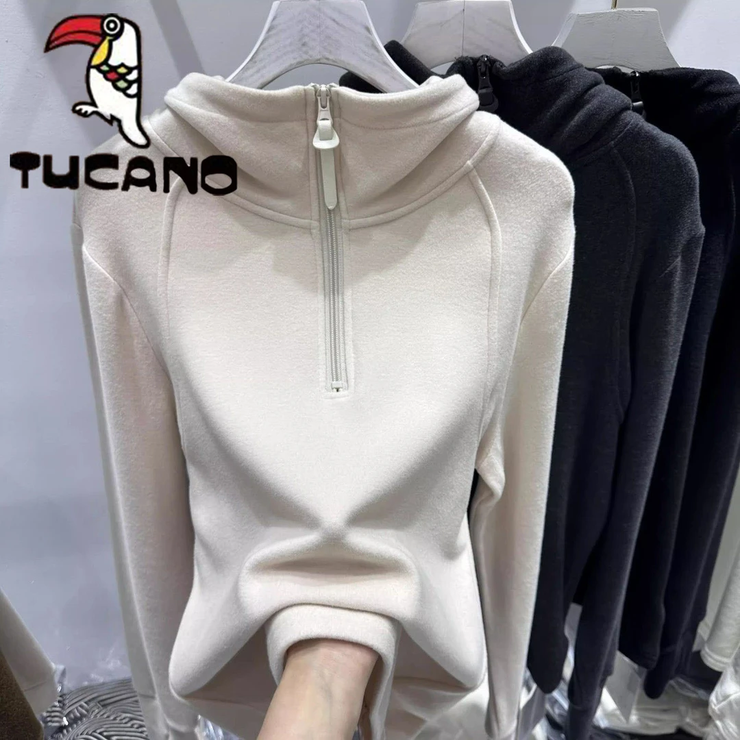 啄木鸟时尚连帽套头卫衣女半拉链秋冬德绒保暖长袖简约百搭上衣