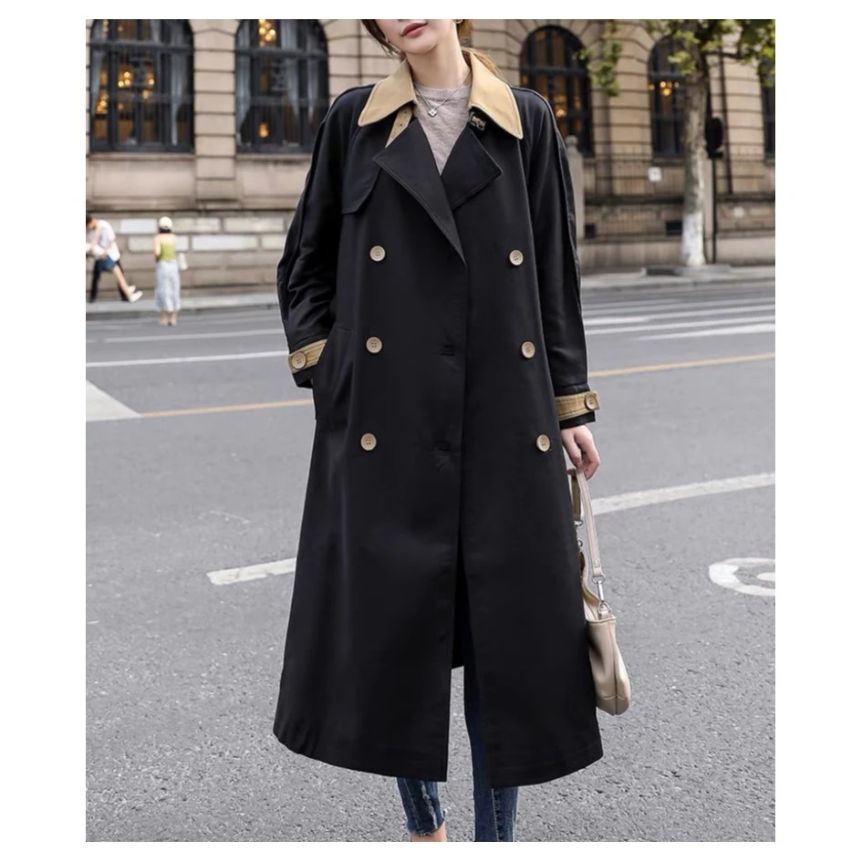 中长款高级感经典双排扣拼色收腰风衣英伦风黑色过膝