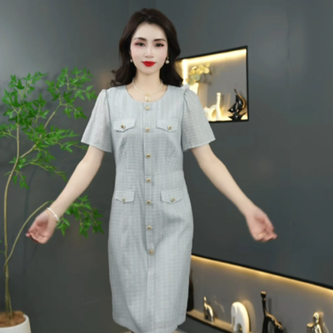 L1158连衣裙小香风显瘦气质夏季法式泡泡袖修身女士减龄中长款