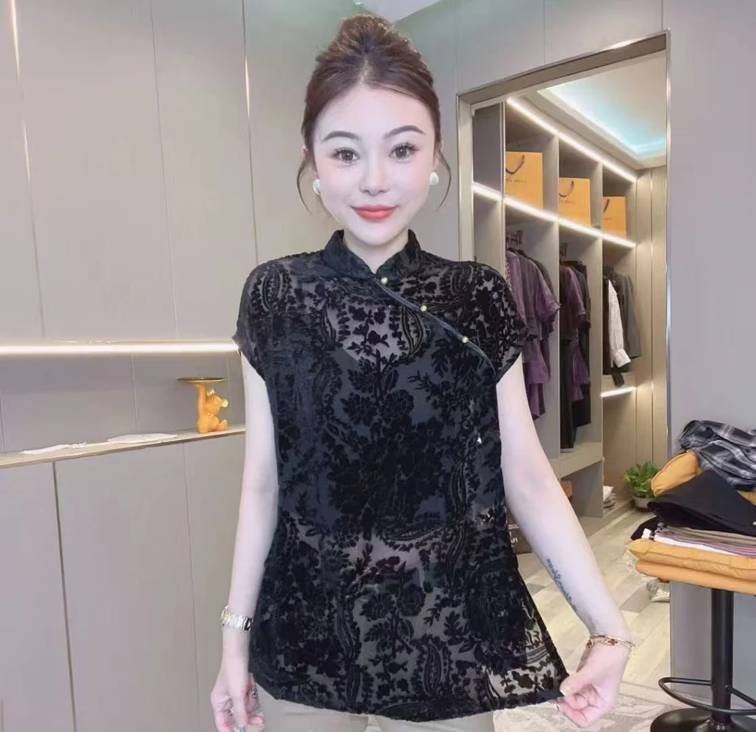 岩岩家3253新中式植绒女夏季薄款2025新款洋气遮肉无袖上衣女