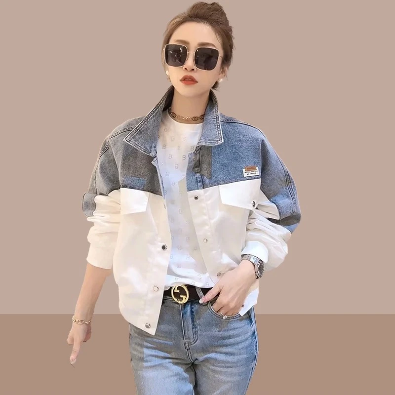 2025春季新款爆款时尚撞色牛仔拼接外套休闲宽松短款上衣韩版女装