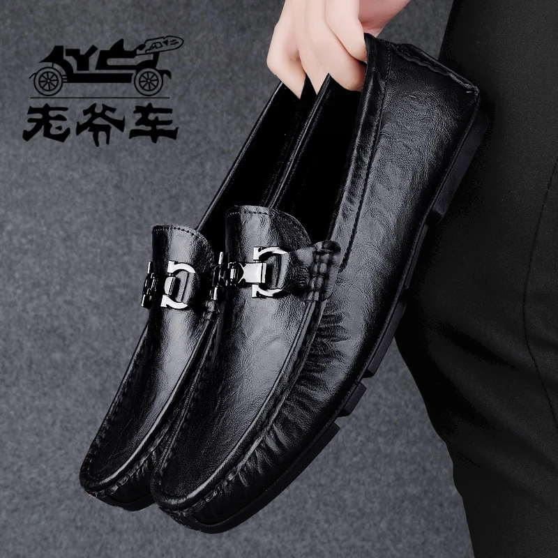 老爷车品牌男鞋平跟软底豆豆鞋爸爸真皮软底皮鞋透气商务休闲鞋子