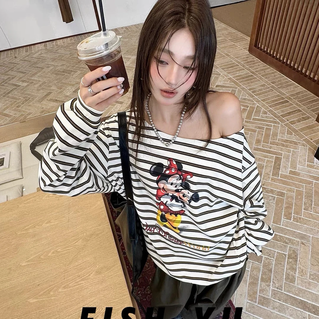 灰灰呀！2110 韩系复古设计卡通米奇印花条纹斜肩宽松长袖T恤卫衣