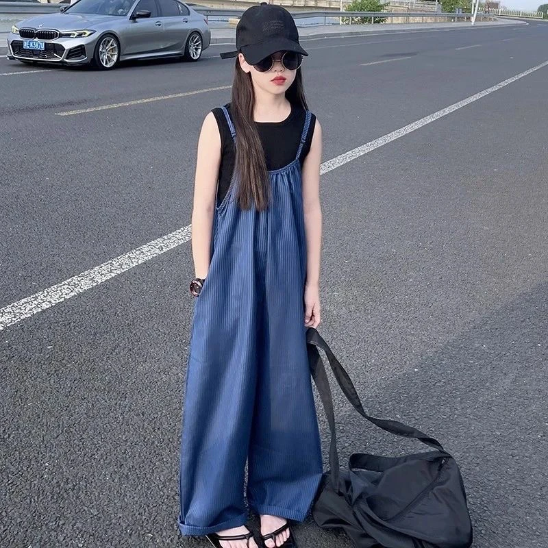 女童夏季套装爆款2025新款洋气中大童高级宽松夏装背带阔腿长裤潮