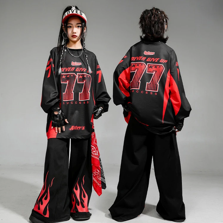 新款儿童街舞套装男童黑红火苗77演出服走秀潮服嘻哈hiphop表演服