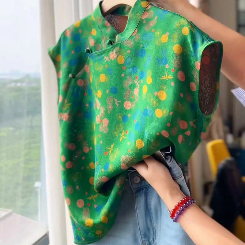 新中式绿色彩绘花萝提花短袖衬衣女国风夏装时尚唐装上衣