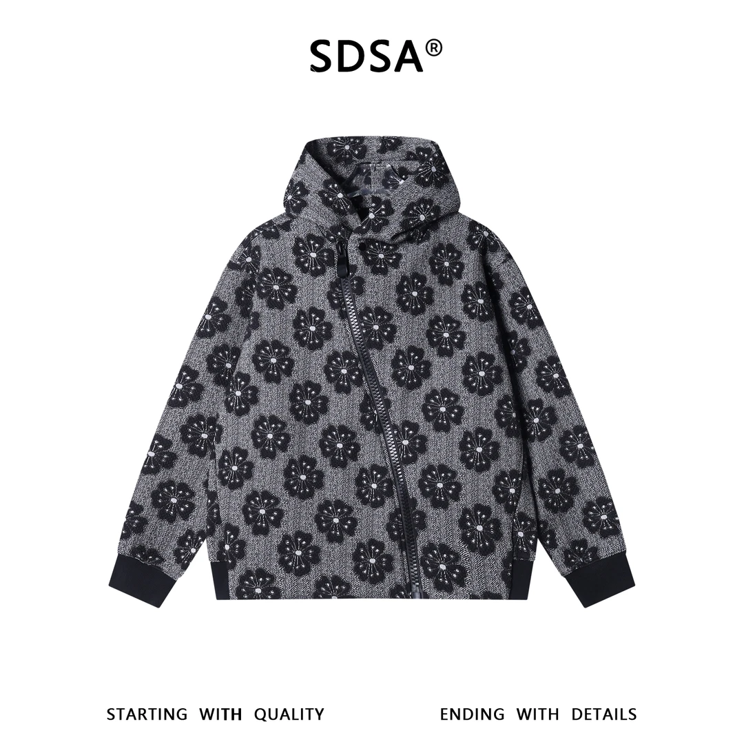 SDSA男士秋冬新款痞帅男装潮牌时尚满印花朵斜拉链连帽卫衣百搭