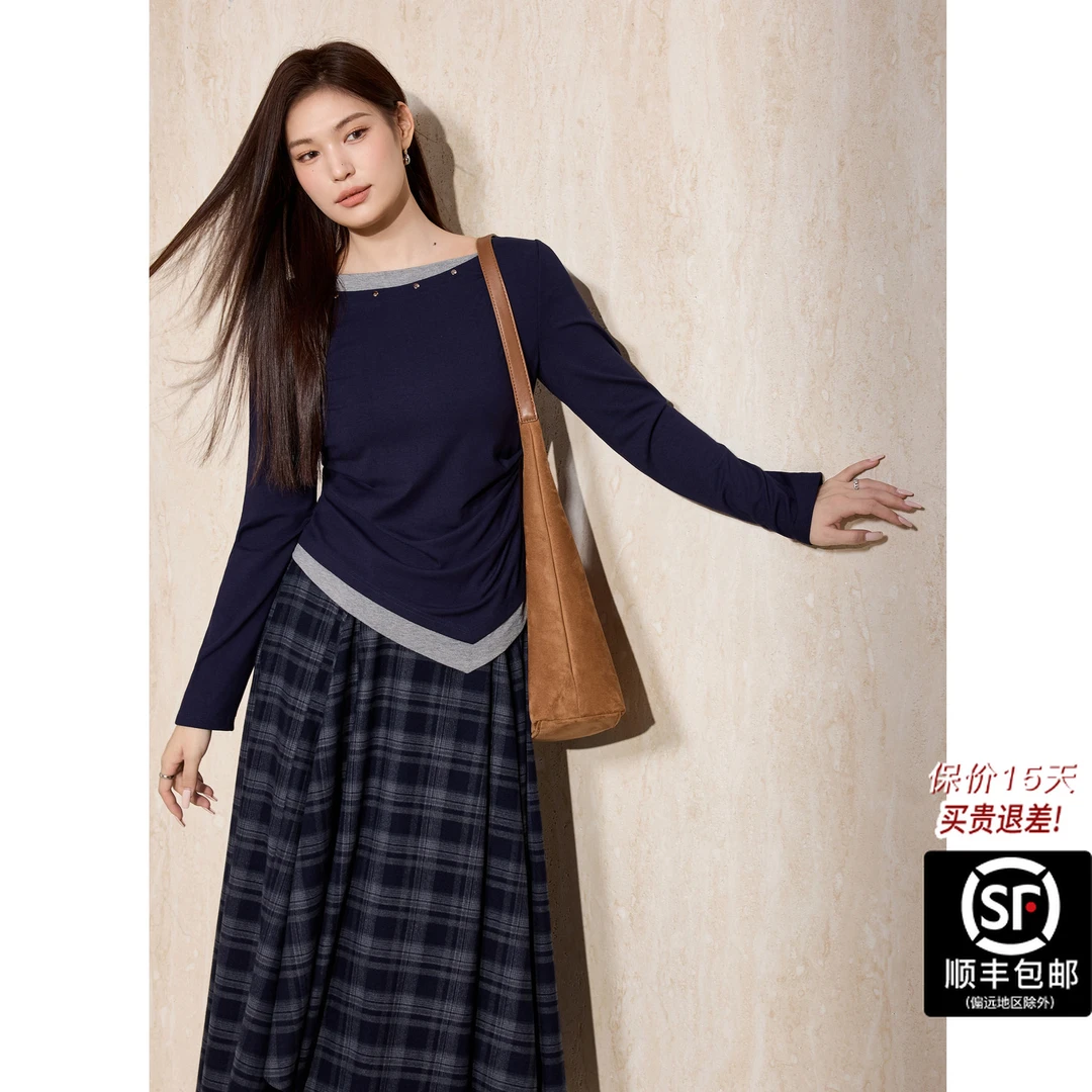 蓝语大码撞色斜肩针织衫T恤磨毛格纹不规则半身裙收腰显瘦套装秋