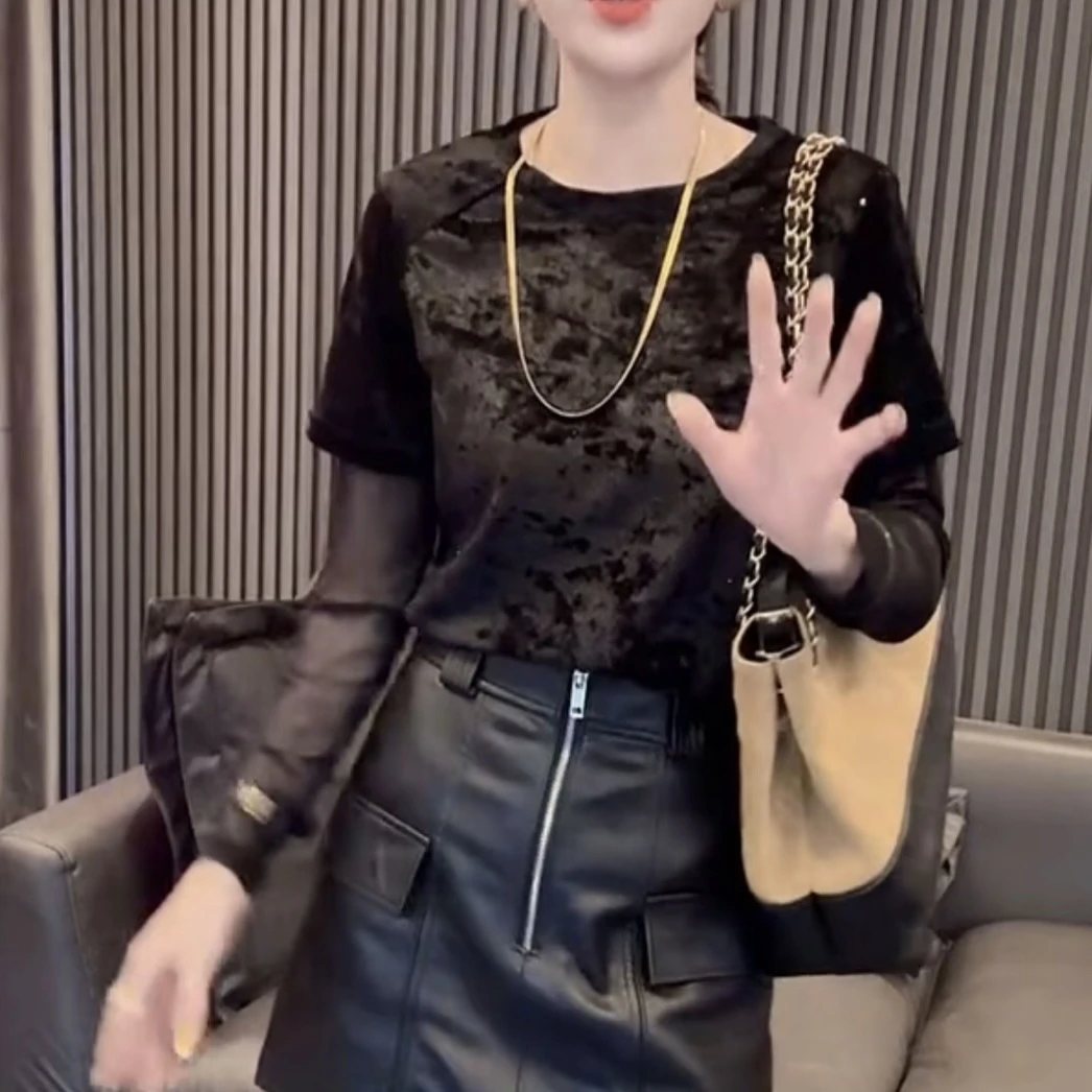 欧货洋气高级黑色网纱上衣女2025早秋新款假两件显瘦时尚百搭长袖