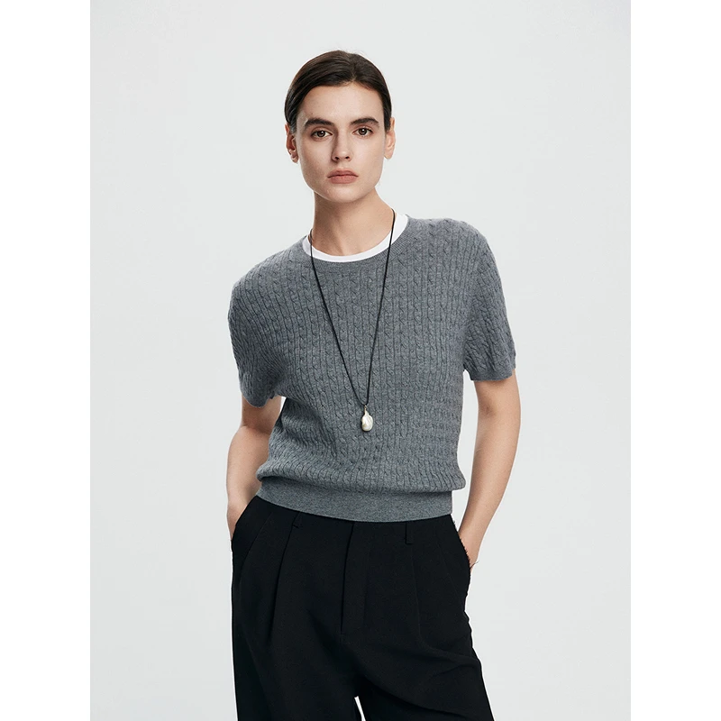 初棉【上新】绞花羊毛混纺短袖羊绒宽松简约夏季套头362635001