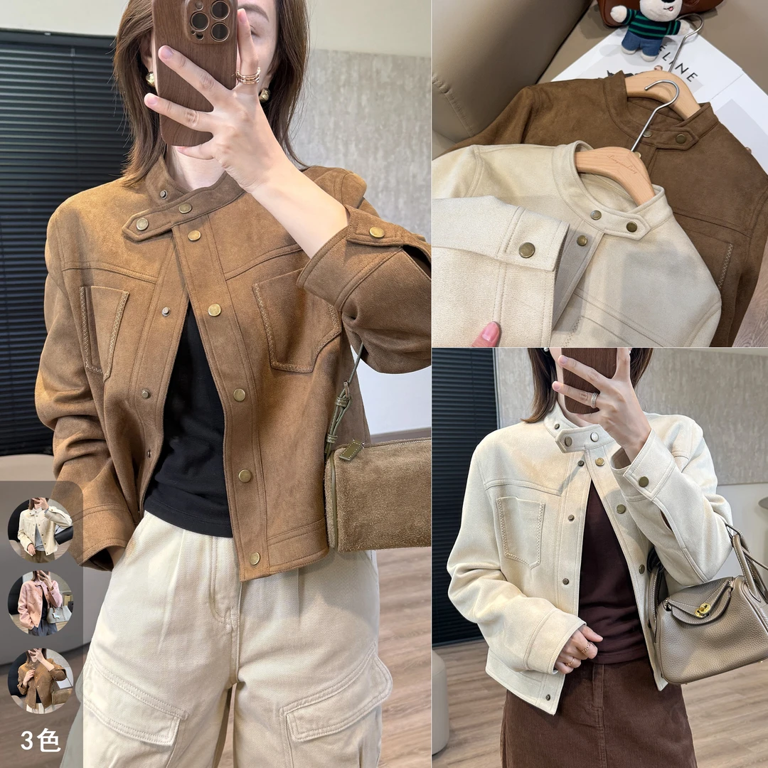 靓小靓【自留】帅爆了立领纽扣麂皮短外套美拉德秋季正肩夹克上衣