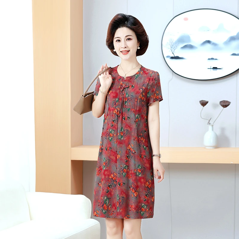 妈妈装女士宽松连衣裙洋气高贵2025新款中老年时尚碎花裙子中长款