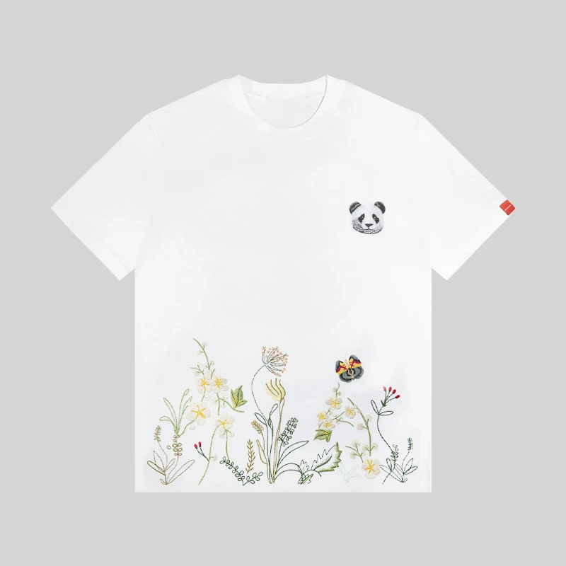 【高定男装】刺绣潮流熊猫短袖夏季圆领潮流T恤纯棉