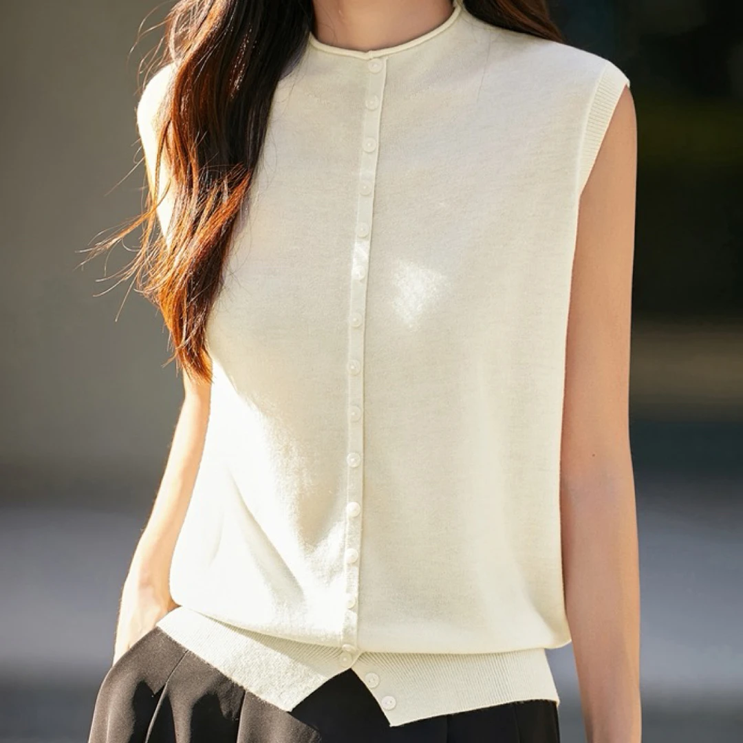 NS-5138已开价 精纺羊毛衫无袖多扣卷边半高领背心宽松薄款针织衫