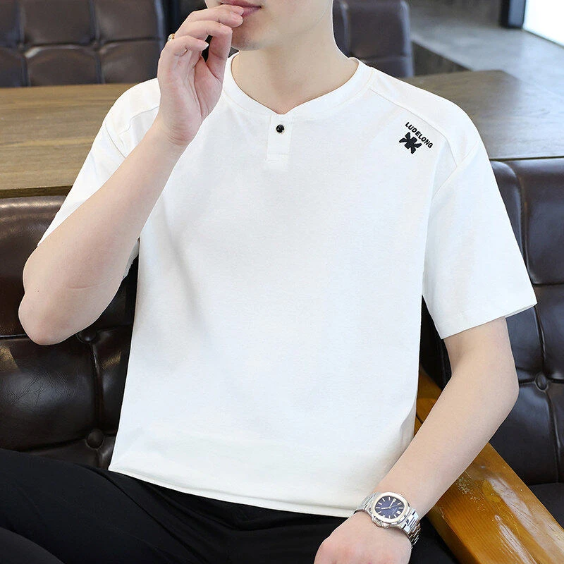 夏季男士棉质T恤国潮青年复古风亨利领单扣坎肩短袖潮流打底96626