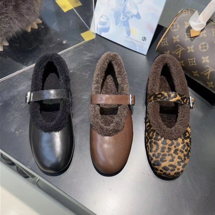 加绒豆豆鞋玛丽珍鞋女2025冬季新品加绒平底一字带保暖豹纹单鞋