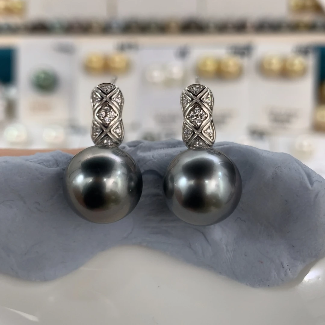 定制海水珍珠银S925镶嵌耳饰大溪地黑灰11-12mm正圆