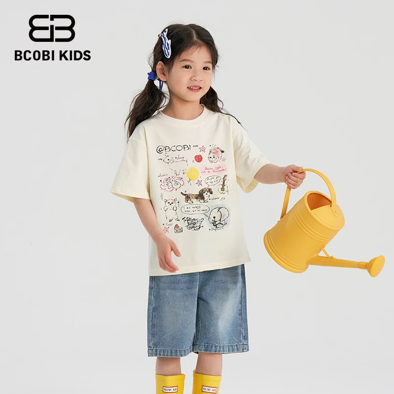 BCOBI/不可比喻夏季女童短袖T恤男童牛仔中裤学院风高腰女童长裤