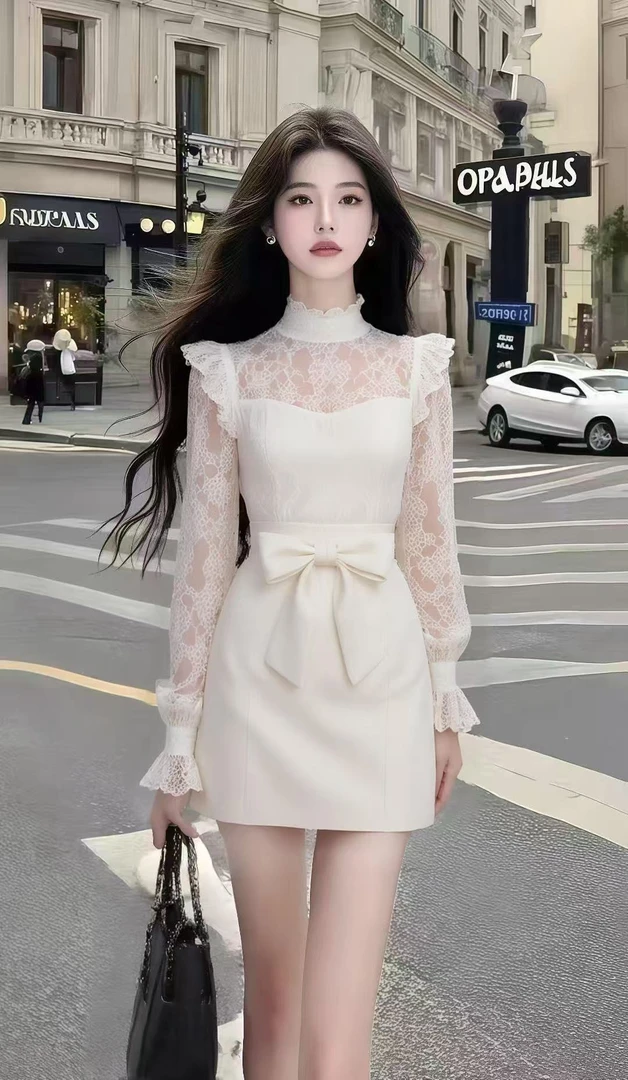 秋季新款时尚气质温柔风白色立领蕾丝长袖修身收腰蝴蝶结连衣裙女