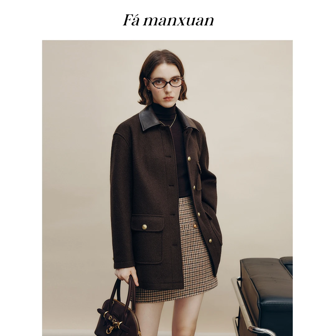 法曼萱复古巴恩风羊毛毛呢外套女2025冬新款可拆卸拼皮领长袖上衣