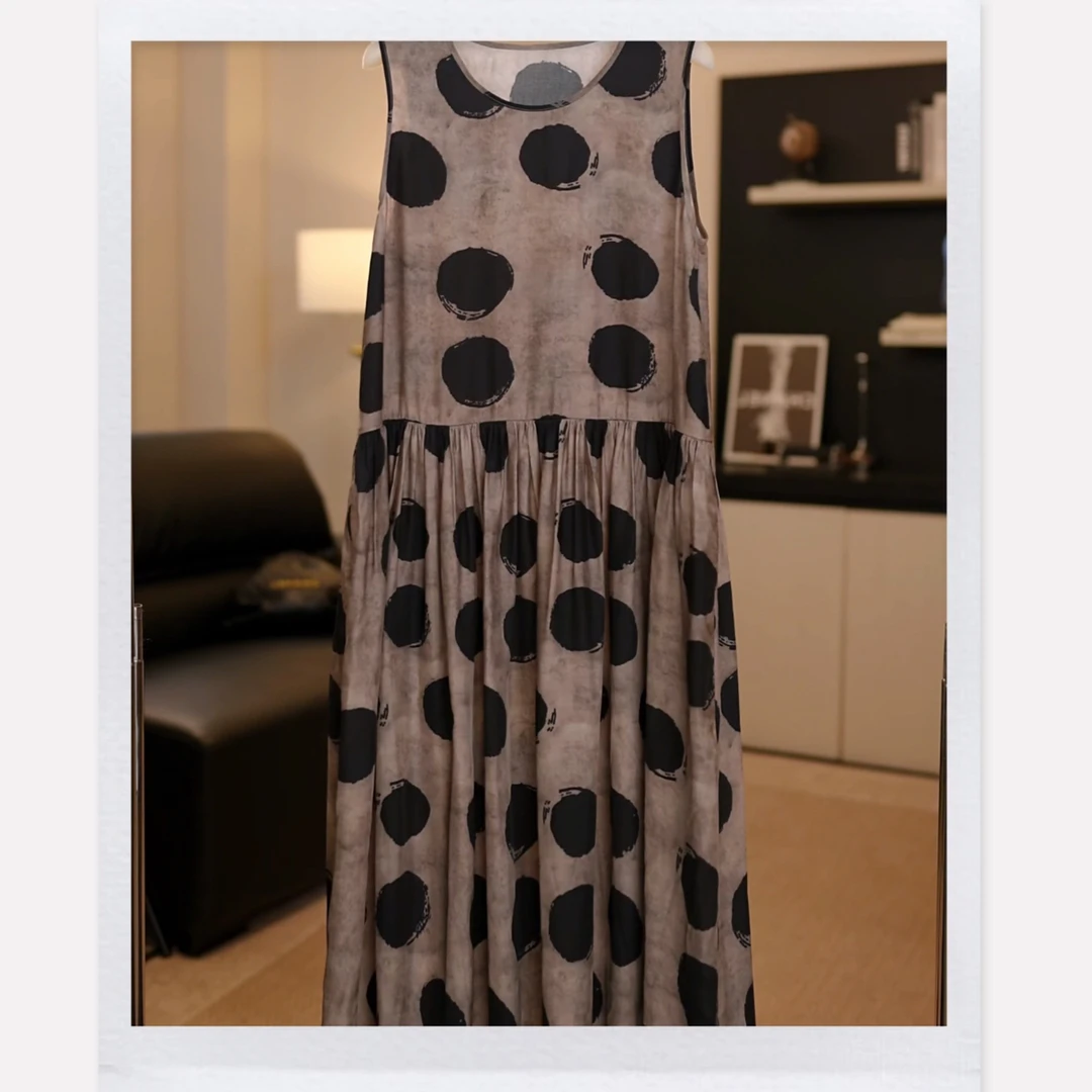 【琥珀月光】NIYUNNUO重磅铜氨丝波点艺术感复古连衣裙无袖气质显瘦