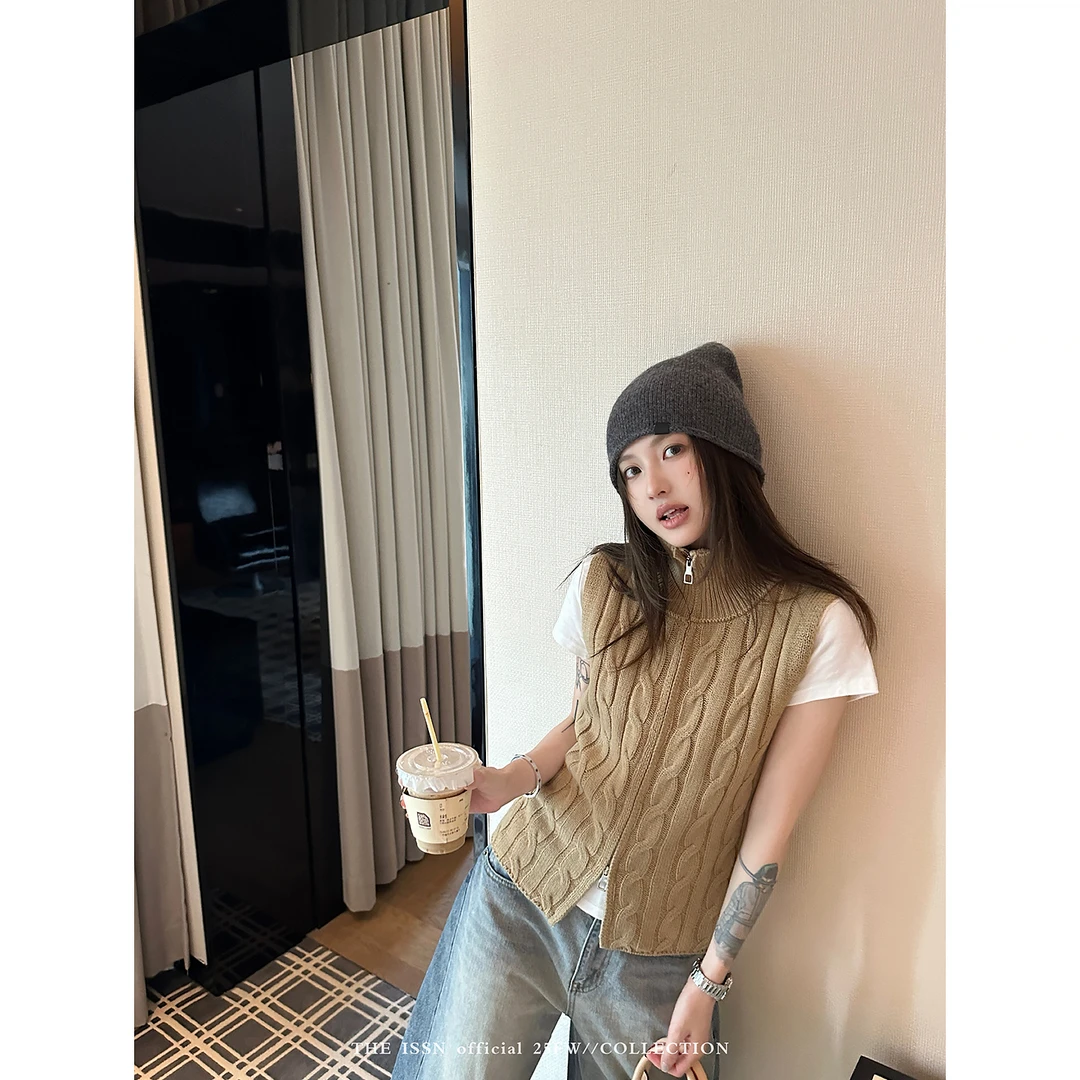 THEISSN宁司 拉链高领麻花无袖针织衫女秋季外搭马甲 01476