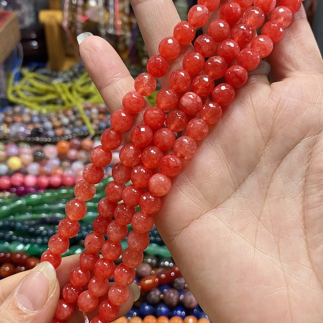 玛瑙/玉髓未镶嵌珠宝半成品西瓜红切面一条卡8mm