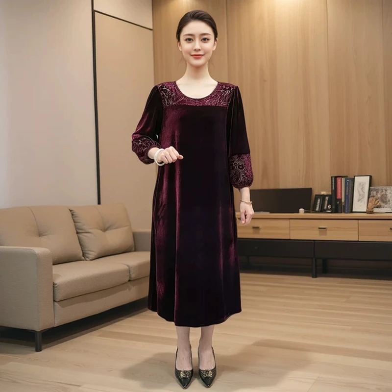 8085中老年妈妈丝绒连衣裙秋季新款宽松大码遮肉显瘦中袖遮肉长裙