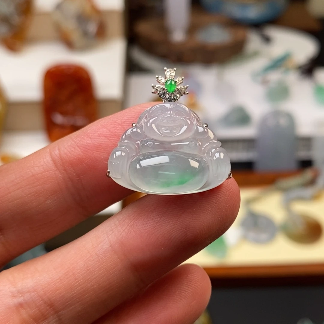 翡翠颈饰18K金镶嵌缅甸天然翡翠金镶冰佛公